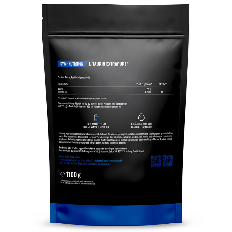 [Australia] - Premium Taurine Powder - 1100g (1.1KG) - Optimal Solubility - Vegan - Pure & No Additives - Laboratory Tested Quality - L-Taurine Amino Acid from Germany - Gym Nutrition 440 Servings (Pack of 1) 