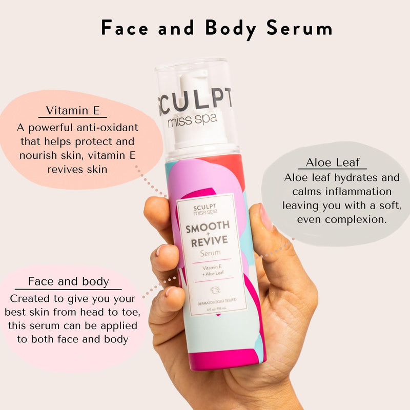 MISS SPA Face Serum Smooth Revive Face Serum, Hydrating Vitamin E & Aloe Leaf Body Serum, Anti-Aging and Anti-Wrinkle, Hydrating Facial Skin Care Products for Women, 4fl oz