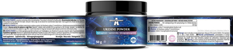Uridine 50g Powder - 250mg uridine monophosphate - 200 portions per Pack - Vegan and additive-Free - Disodium Salt for Nervous System Support - by Apollo's Hegemony