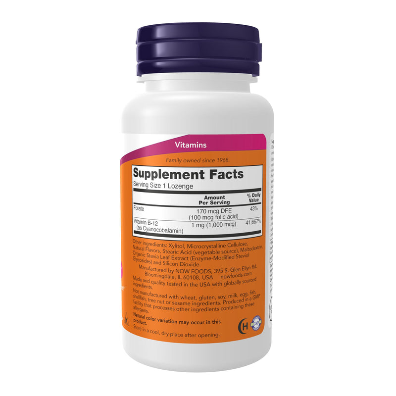 NOW Foods Supplements, Vitamin B-12 1,000 mcg with Folic Acid, Nervous System Health*, 250 Chewable Lozenges 250 Count (Pack of 1)