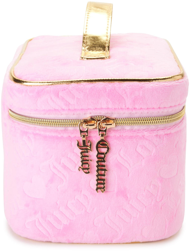 Juicy Couture Pink Makeup Bag Cosmetics Organizer Travel Essentials Train Case Velour Heart Logo