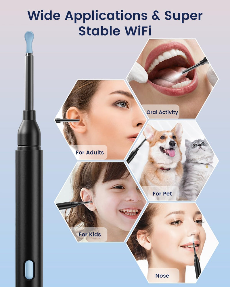 [Australia] - Ear Wax Removal, Ear Cleaner Camera with 1080P, Ear Cleaning Kit with 6 Ear Pick, Ear Camera for iPhone, iPad, Android Phones, with 8 Pcs Ear Set Black 