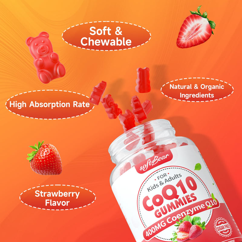 softbear CoQ10 Gummies 400mg Coenzyme Q10 Supplement for Adults, High Absorption coq10 Plus Omega-3, Magnesium, Vitamin B3 & Zinc for Cellular Energy & Antioxidant, Strawberry Flavor 120 Count 60 Count (Pack of 2)