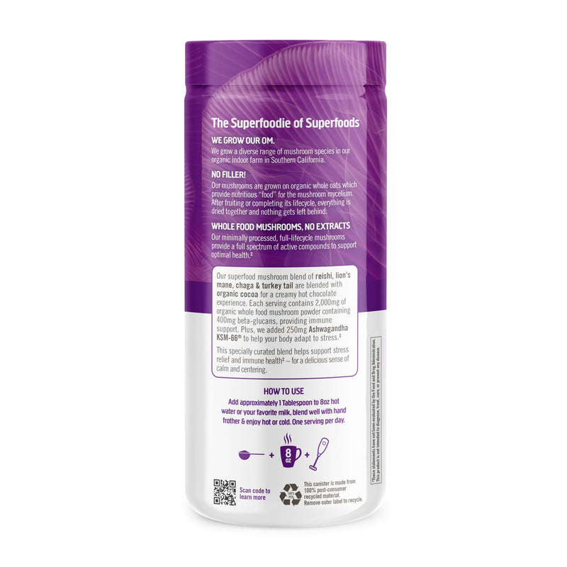 [Australia] - OM MUSHROOM SUPERFOOD Hot Chocolate Blend Mushroom Powder, 8.47 Ounce Canister, 30 Servings, Cocoa, 2g of Sugar, 25 Calories, Lion's Mane, Reishi, Chaga, Turkey Tail, Focus and Stress Support 8.47 Ounce (Pack of 1) 