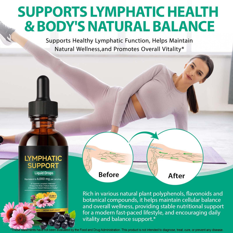 21-in-1 Lymphatic Drainage Drops 60ml, Lymphatic Drainage Supplement with Dandelion Extract, Zine, Burdock Extract, Support Lymph System Cleanse