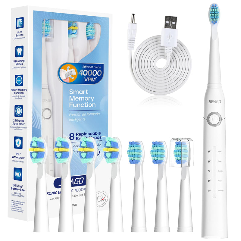 SEAGO Electric Toothbrush, Rechargeable Toothbrush for Adults Sensitive Teeth, 8 Brush Heads, 5 Modes with Teeth Whitening, Endurance 30 Days, Kids Electric Toothbrushes 6-12, SG-958(White) White