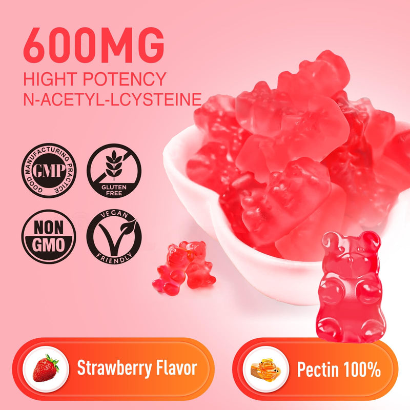 [Australia] - NAC Gummies 600mg, N Acetyl Cysteine Supplement NAC Chewable for Antioxidants & Immune Support, Lung & Liver Health, Natural Strawberry Flavor, 60ct 