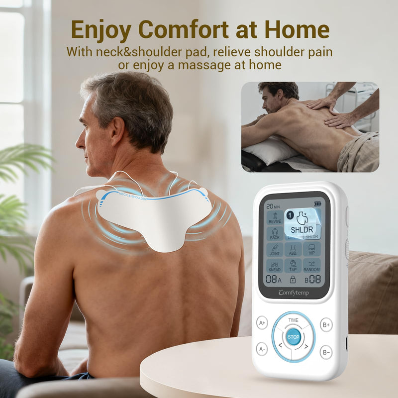 Comfytemp TENS Unit with Specialized Pads for Lower Back & Neck Shoulder Pain Relief, Easy-to-Use TENS Unit Muscle Stimulator with Large Display, Portable Dual Channel TENS Machine with Carrying Case