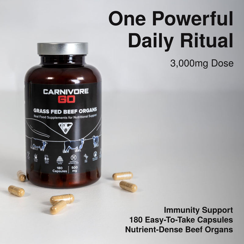 100% Grass Fed Beef Organ Supplements (Liver, Heart, Kidney), 180 x 500mg, Desiccated Beef Organs Capsules - Pasture Raised, High Protein - Ancestral Nutrition - UK Made, No GMO, Hormones, Antibiotics 1
