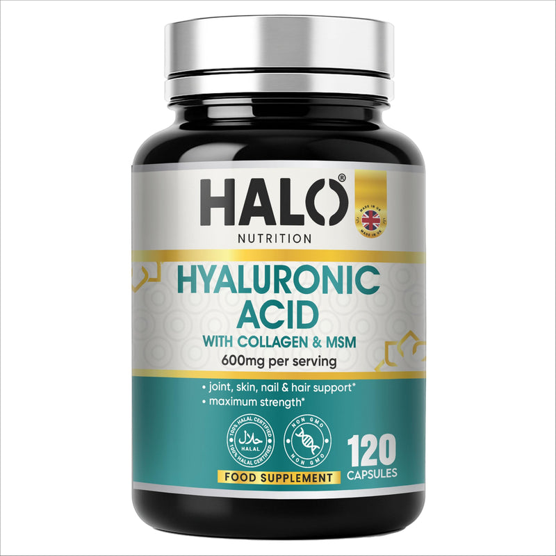 Hyaluronic Acid Supplement 600mg (500-700 KDA) - 120 Vegan Triple Strength Hyaluronic Acid Capsules - 4 Month Supply - Natural Skin, Hair & Joint Supplement for Women & Men- Halo Nutrition