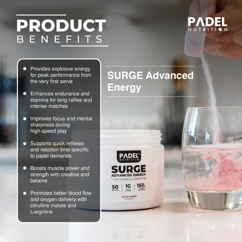 Energy Supplement for Padel Tennis - 50 Servings | Pre-Match Fuel for Tennis Players with Creatine, Caffeine & Arginine | Explosive Energy, Muscle Endurance & Mental Focus by Padel Nutrition Black Cherry