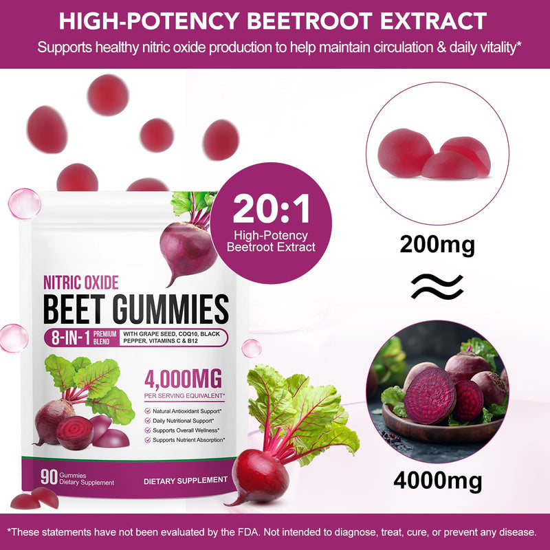 Beet Root Gummies, 90 Count Beetroot Gummies for Heart Health Support, Sugar Free, Extract Supplement with Vitamin C, B12, for Blood Pressure, Nitric Oxide Booster, Heart Health