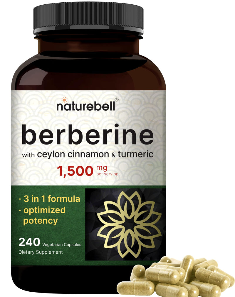 Berberine Supplement | Plus True Ceylon Cinnamon & Turmeric Root – 97% Berberine HCL – Veggie Capsules, Plant-Based, Vegan, Non-GMO Berberine 1500mg 240 Count (Pack of 1)