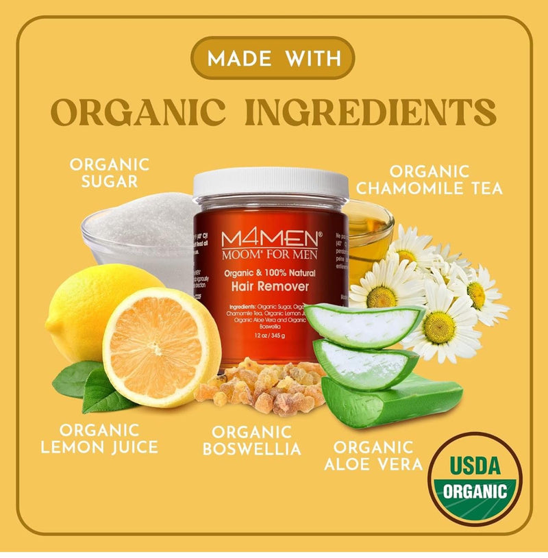 [Australia] - MOOM Organic Hair Removal Sugar Wax for Men with Aloe Vera & Chamomile – Soft Wax for Sensitive Skin & Men Hair - Perfect for Back, Chest, Eyebrow & Body - 12 oz Jar (Strips & Sticks NOT Included) Men wax 12 Ounce (Pack of 1) 