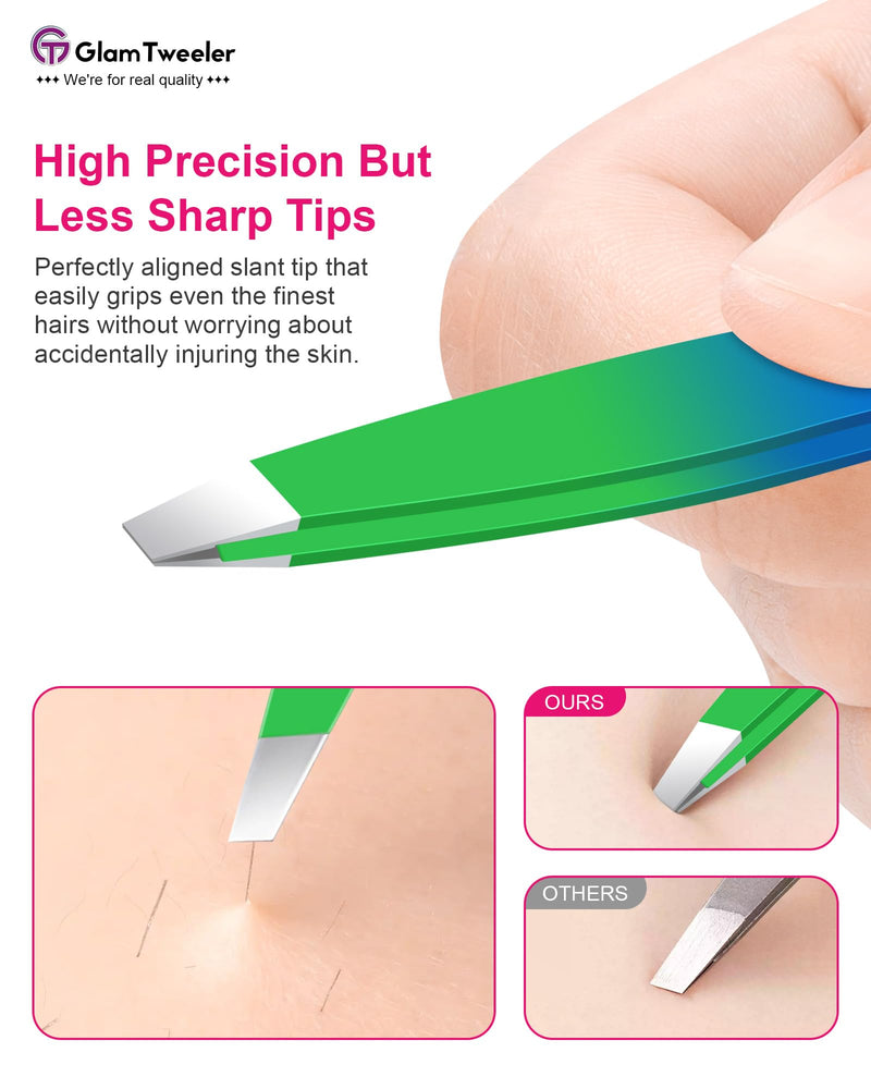 Exclusive G-01 Slant Tip Tweezers, GlamTweeler High Precison Expert Eyebrow and Facial Hair Removal Tweezer with Leather Storage & Carrying Case (Princess Blue & Green) Princess Blue & Green