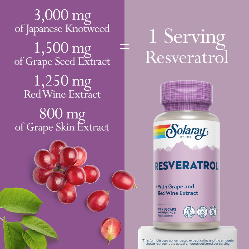 Solaray Resveratrol Complex - 60 Vegan Capsules - Polyphenol Rich Multi-Source Formula with Japanese Knotweed, Grape Seed & Red Wine Extracts - Lab Verified