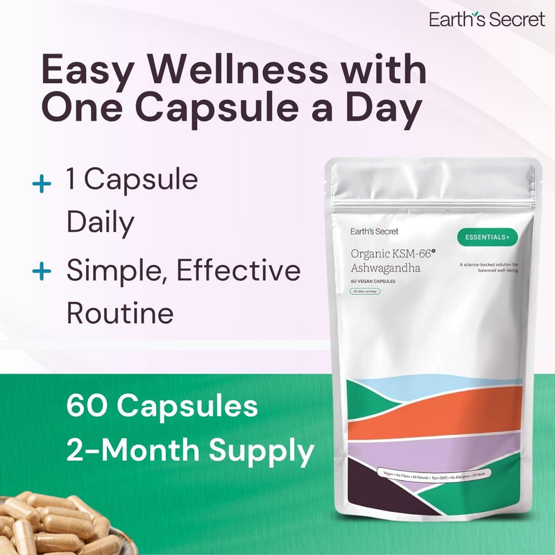Earth's Secret KSM-66® Ashwagandha Capsules 300mg - Full-Spectrum Root Extract - Supports Calm, Emotional Balance, Mental Focus, Restful Sleep - Made in UK - 2 Month Supply - 60 Vegan Capsules