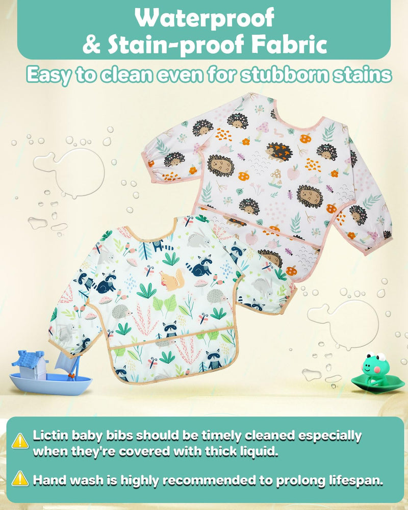 [Australia] - Lictin Baby Bibs for Boys Girls - Long Sleeve Bib, Waterproof Toddler Bibs, 0-24 Months Neutral Baby Smock for Eating Orange Elk/Light Blue Unicorn/Yellow Raccoon/Pink Hedgehog/Green Whale 