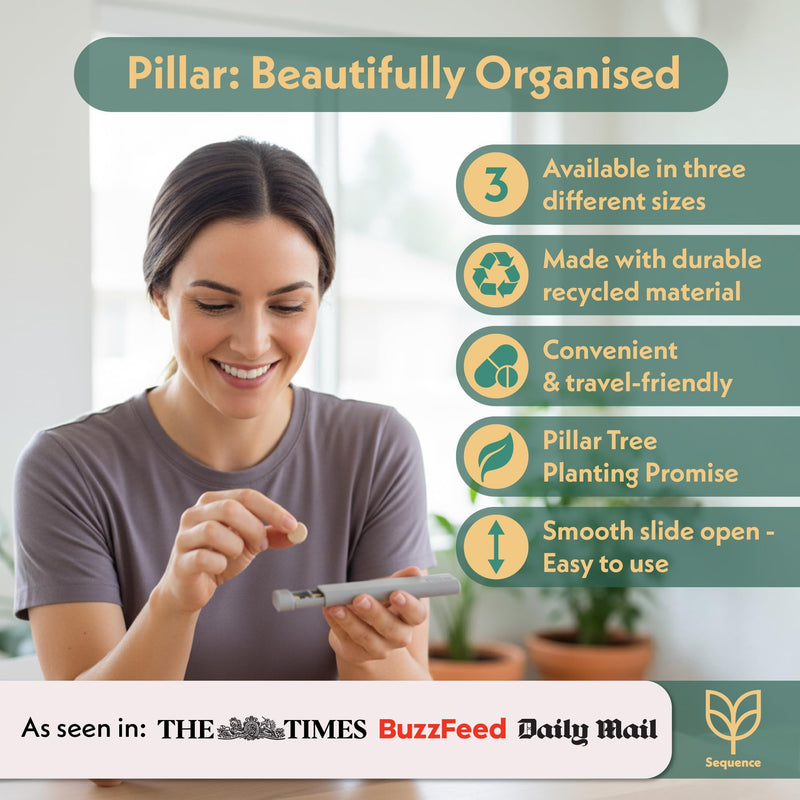 Pillar AM/PM Pill Box Organizer Two Times a Day - Aesthetic Weekly Pill Box | Perfect for daily use & travel, Day and Night trays, Sage Green, Great as a vitamin organizer or supplement organizer Pillar AM/PM - Twice a Day