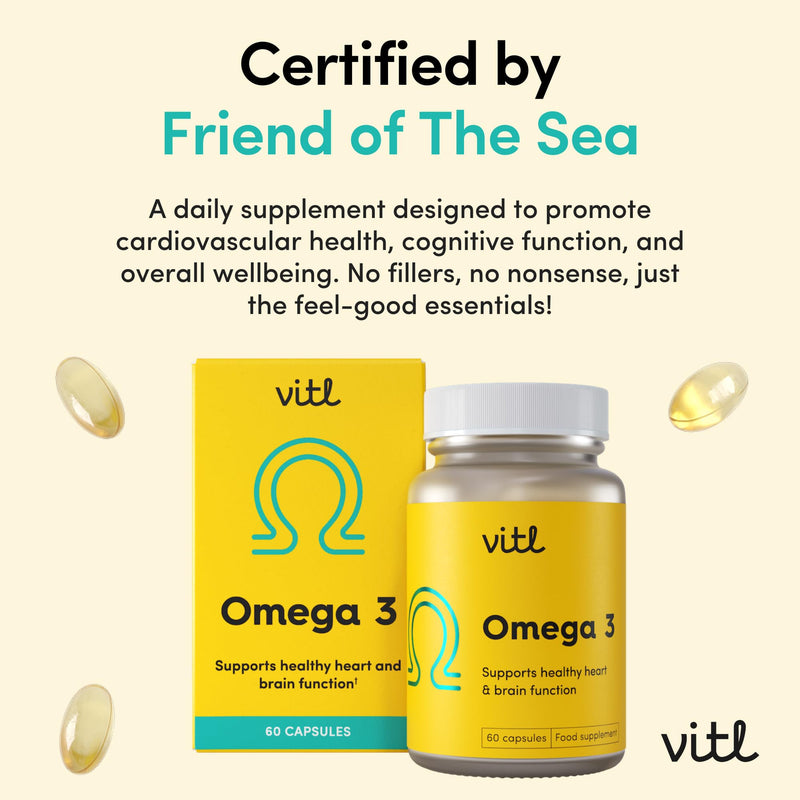 Vitl Omega 3 Fish Oil Supplement - 60 Softgel Capsules - Support Heart and Brain Health - 500mg Fish Oil, 250mg DHA & 50mg EPA - Highly Absorbable - 1 Month Supply