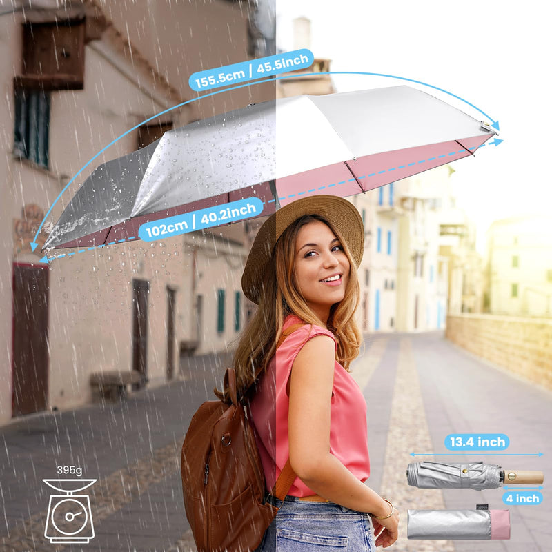 G4Free Windproof Travel Umbrella with Large Wooden Handle, UV Sun Protection Rain Umbrella Automatic Open And Close Compact 46" Large Canopy with UPF 50+