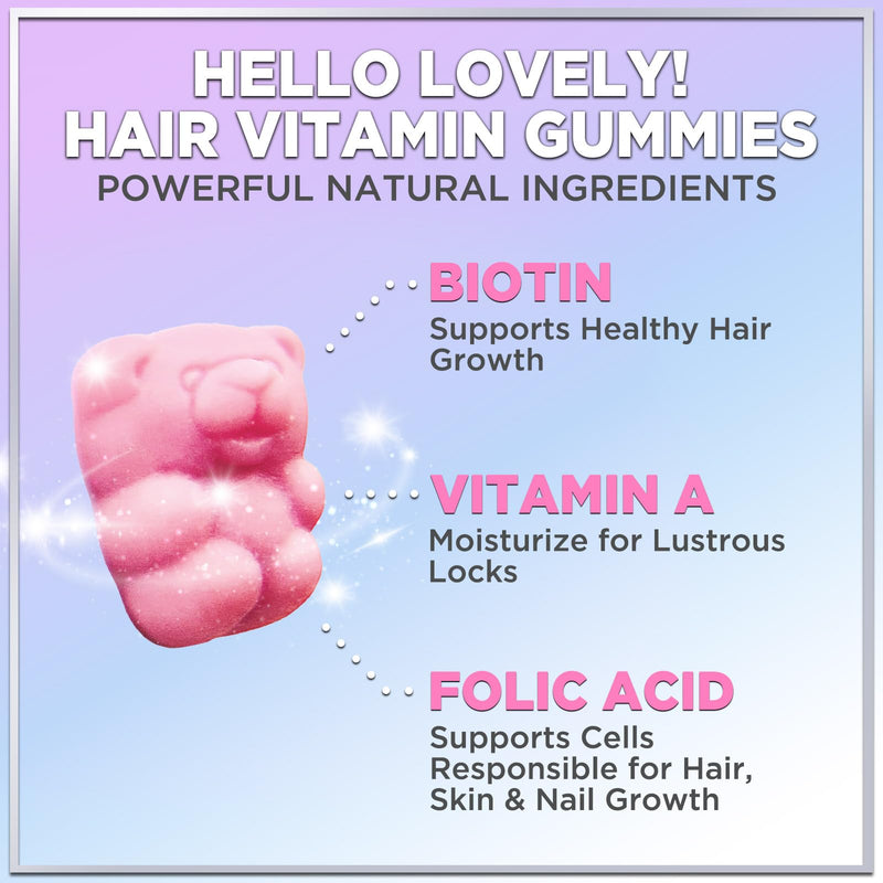 [Australia] - Hello Lovely! Hair Vitamins Gummies with Biotin 5000 mcg Vitamin E & C Support Hair Growth, Premium Vegetarian Non-GMO, for Stronger Beautiful Hair, Skin & Nails Supplement - 120 Gummy Bears 120 Count (Pack of 1) 
