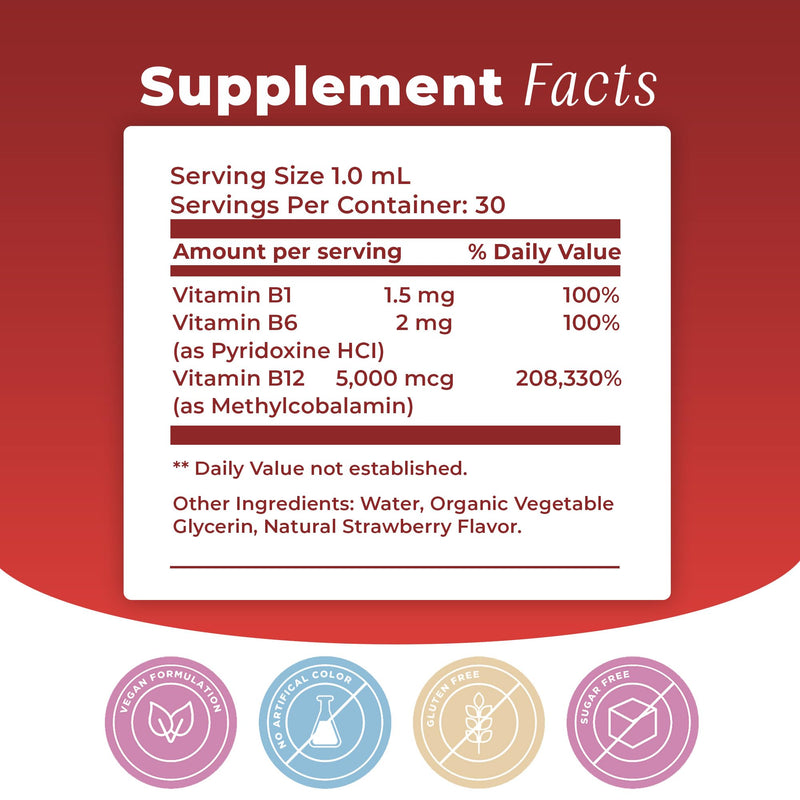 Vitamin B12 Sublingual Liquid Drops (5000 mcg) Plus B1 & B6 in Fastest Absorption Way. Best Formula to Support Brain Cells & Nerve Tissue, Enhance Red Blood Cell Function, Increase Energy & Metabolism