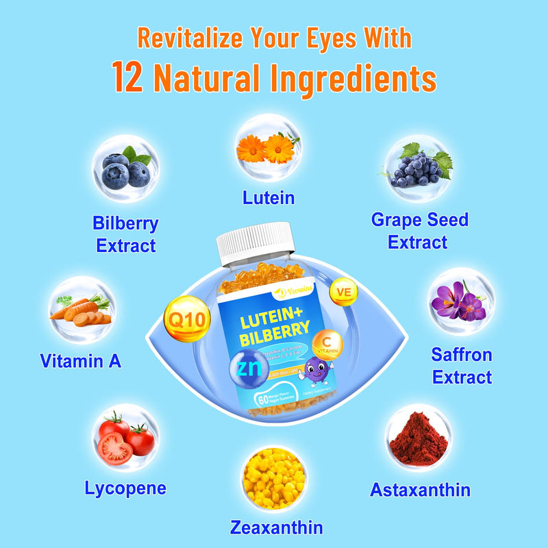 20mg Lutein & Zeaxanthin Gummies with Bilberry, Astaxanthin, Omega 3, Vitamin C, E - Sugar Free Eye Health Supplement for Adults & Kids - Dry Eye Relief, Vision Clarity, Macular Support Mango 60 Count (Pack of 2)