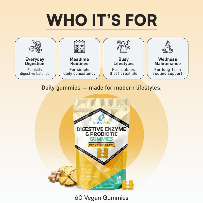 Digestive Enzyme & Probiotic Gummies | 60 Vegan Gummies | Inulin, Bacillus Coagulans, Papain, Bromelain & Ginger | Digestion & Bloating Comfort | Pineapple & Ginger Flavour | UK Made | by NutriVolv