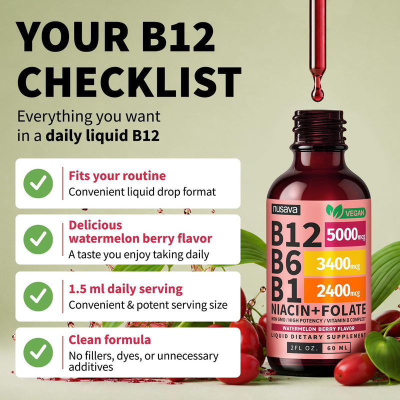 NUSAVA B12 Liquid Drops 5000mcg, Watermelon Berry, Pack of 2 | Energy, Brain and Heart Support, Methylcobalamin B12 with B6 and B Complex, Vegan, Sublingual Drops for Women and Men 2 Fl Oz (Pack of 2)