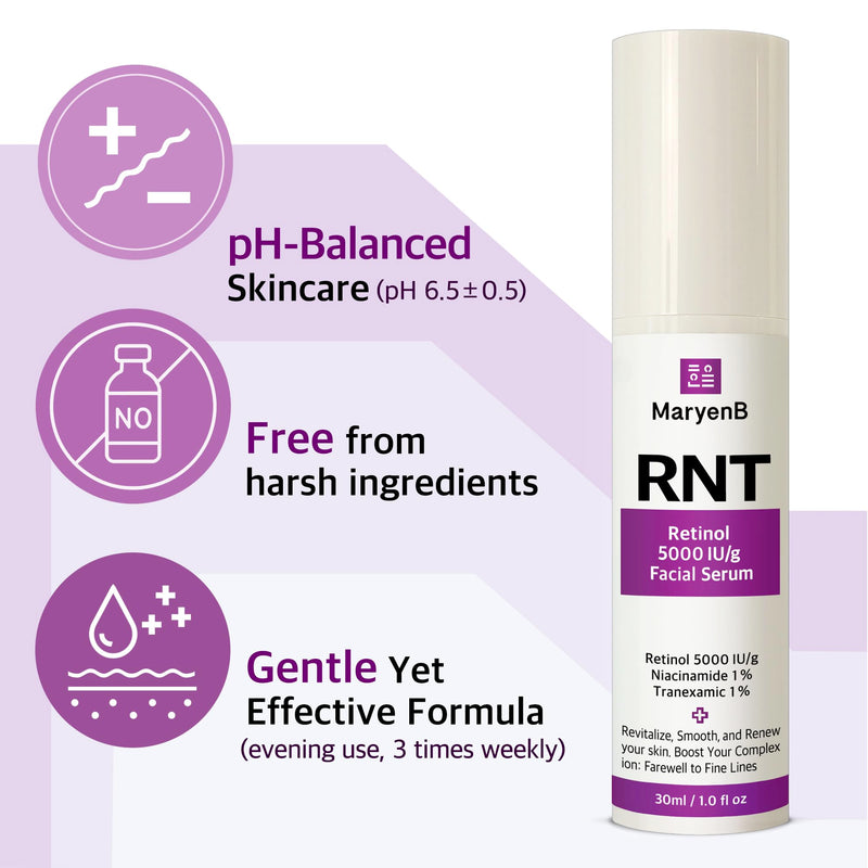 Retinol 5000IU, Niacinamide 1%, Tranexamic Acid 1% Face Serum – Moisture Enhancing Essence with Hyaluronic Acid, Vitamin E, Gentle for Daily Skincare, 1 Fl Oz (30ml)