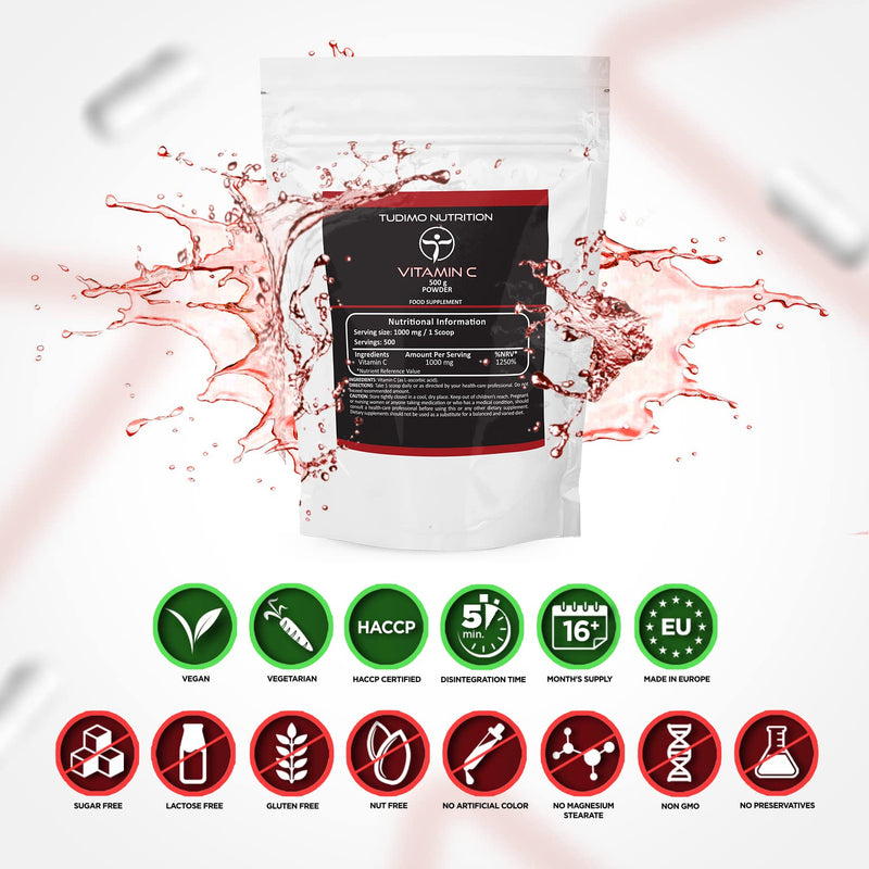 Vitamin C Powder 1000mg per Serving - Bulk Pack 500g | High Strength Ascorbic Acid, Multi-Use Immune & Wellness Support | Easy to Mix, 100% Vegan and Pure, Non-GMO | Scoop Included