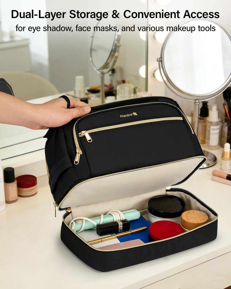 Hanke Travel Toiletry Bag, Lightweight Wide-open Makeup Bag, Dual-Layer Travel Bag for Toiletries Water-Resistant Cosmetic Bags Large Toiletry Bags for Women & Men, Travel Essentials, Black