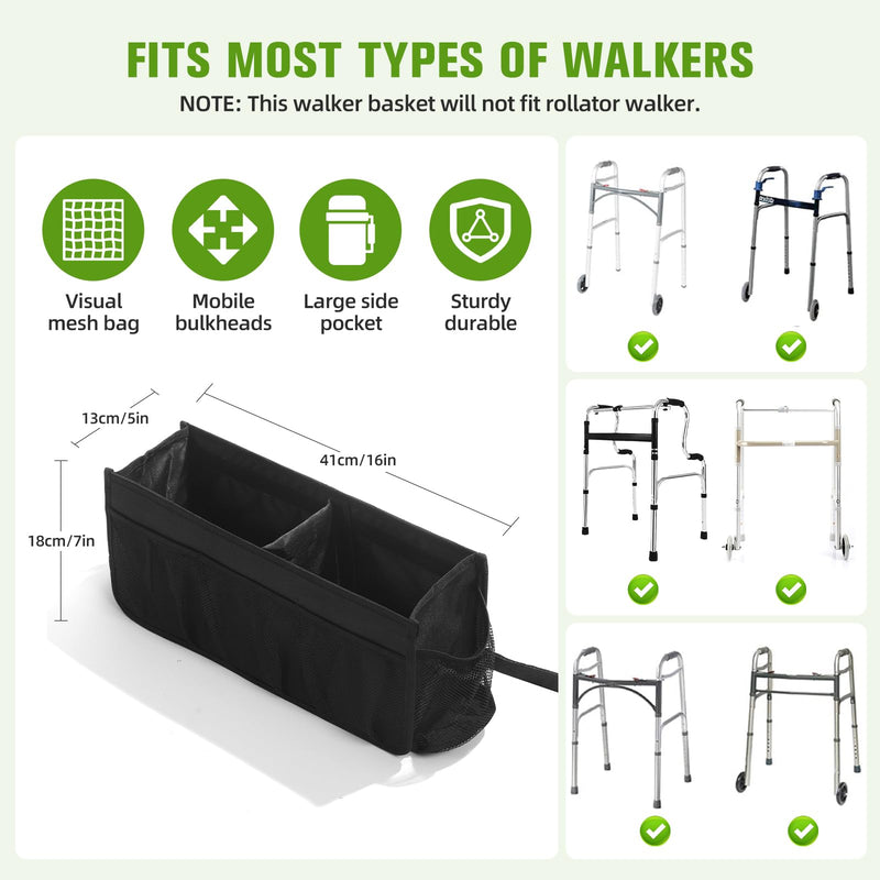 [Australia] - Upgrade Walker Basket with Cup Holder, Foldable Walker Storage Bag for Seniors with Big Capacity & Never Tipping Over, Best Gift for Family Black 