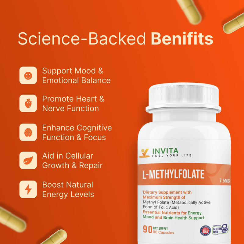INVITA L-Methylfolate 7.5mg – Physician Formulated Active Methyl Folate - 5-MTHF Supplement for Energy, Mood & Brain Health Support - Non GMO, Gluten Free, 90 Capsules (3 Month Supply) 7.5 mg