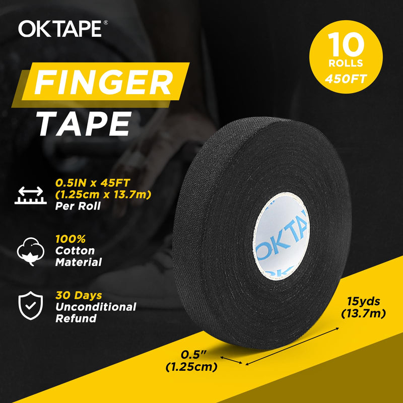 [Australia] - OK TAPE Athletic Finger Tape (10Rolls 450FT), Finge Wrap Tape, Extra Strong Adhesive Finger Support and Protect Tape, Hand Grip Tape for Rock Climbing, MMA, Jiu Jitsu, Volleyball, Black 0.5" x 15yards - 10 Rolls 