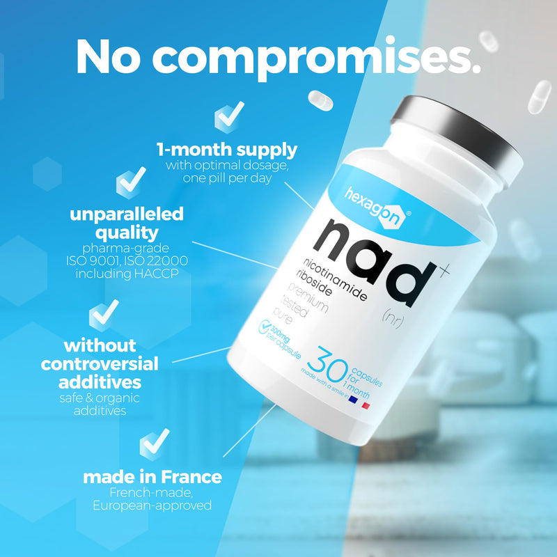 NAD+ Nicotinamide Riboside Chloride 300mg - 1-Month Supply - NAD Booster - Third-Party Tested - Made in France - Pure & Premium - 30 Vegan Capsules - NAD Supplements - Hexagon 30 count (Pack of 1)