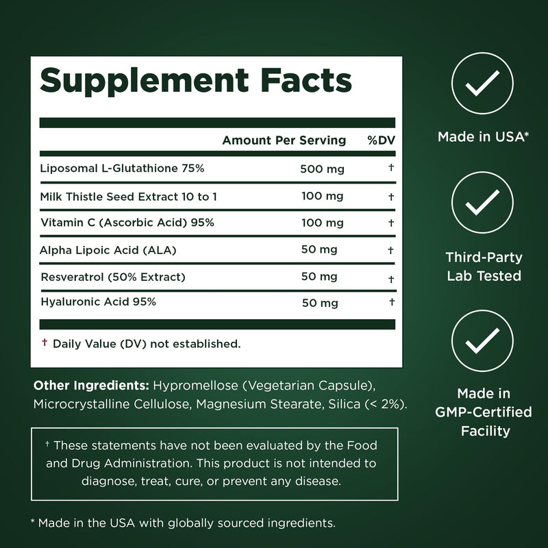 Liposomal Glutathione Capsules with Resveratrol & Milk Thistle Supplement for Men and Women - L-Glutathione - 60 Capsules, Third Party Tested, Made in USA