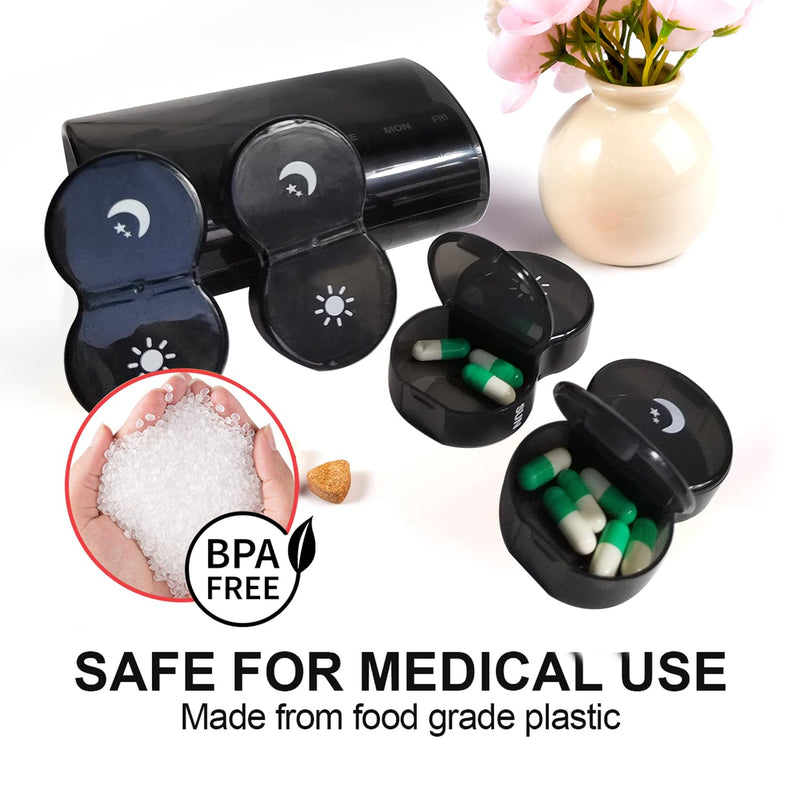 Weekly Pill Organizer 2 Time a Day，Pill Dispensers， Pill Box 7 Day with One-Side Large Opening Design for Easy Filling ，2 Times a Day AM/PM Pill Case, for Vitamins/Fish Oils (Black) Black+14