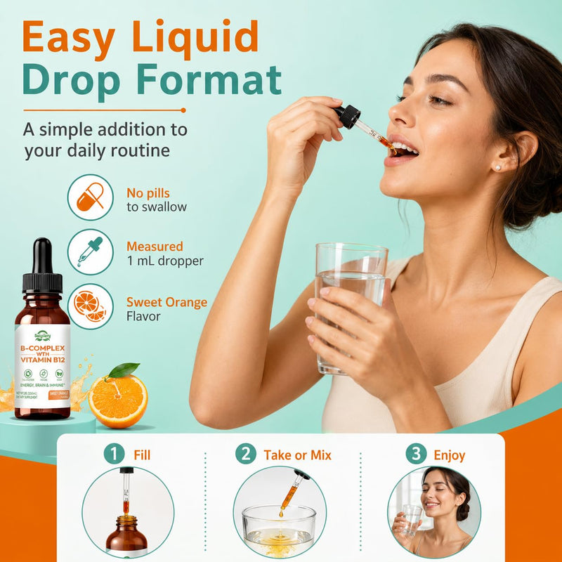 Suiyilary Vitamin B Complex Liquid Drops, B12 Methylcobalamin, B9 Folic, Vitamin C, Immune, Energy Metabolism, Brain & Heart Support, Orange Flavor, 60ml