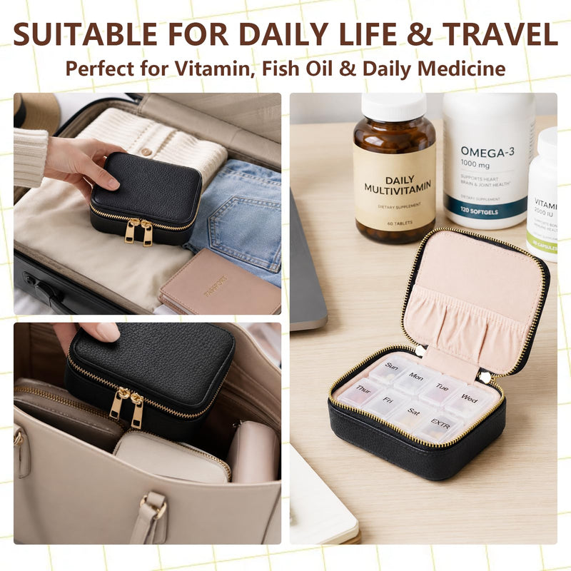 Portable Leather Weekly Pill Organizer | 7-Day Travel Pill Case with Removable Daily Insert – for Vitamins, Medication, Fish Oil & Supplements, Black