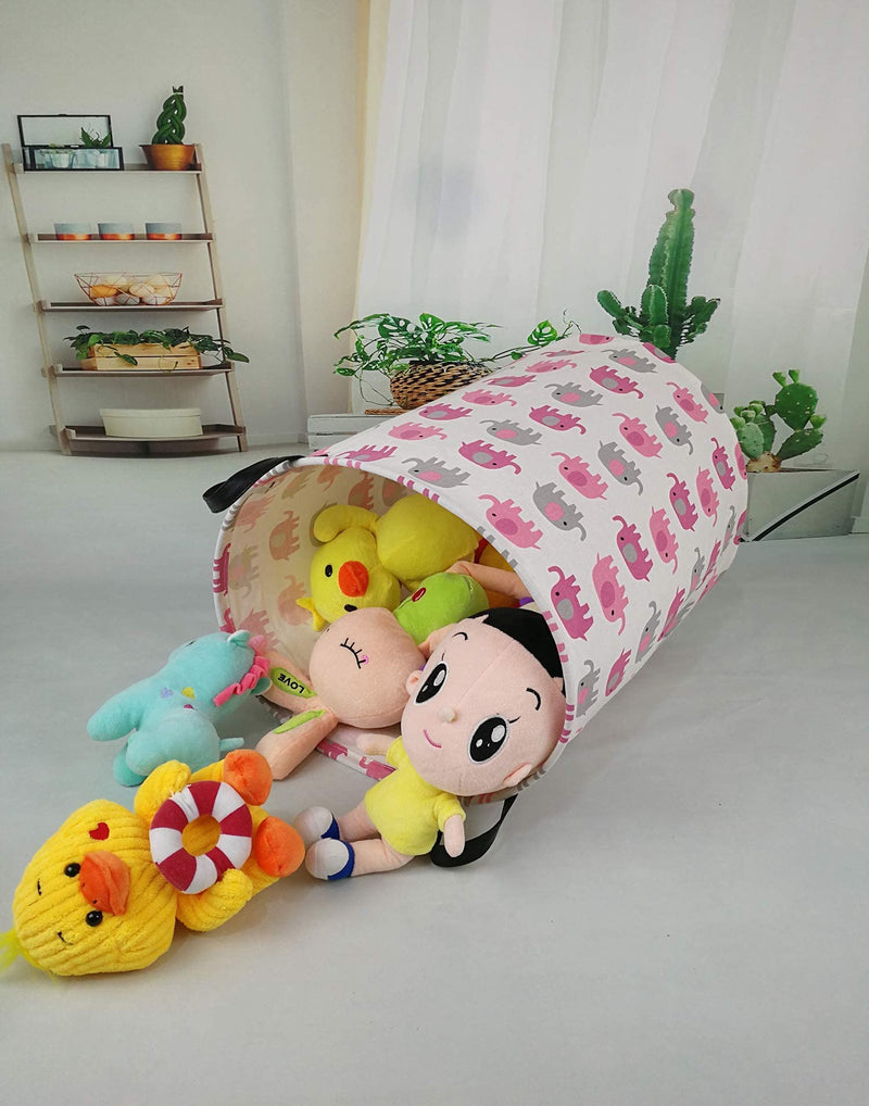 [Australia] - 19.7 Laundry Hamper Toys Box Storage Bins Canvas Waterproof Collapsible Clothes Organizer Basket with Handle Freestanding Large Cute Light Weight for Home Kids Baby Room(elephant) pink grey elephant 