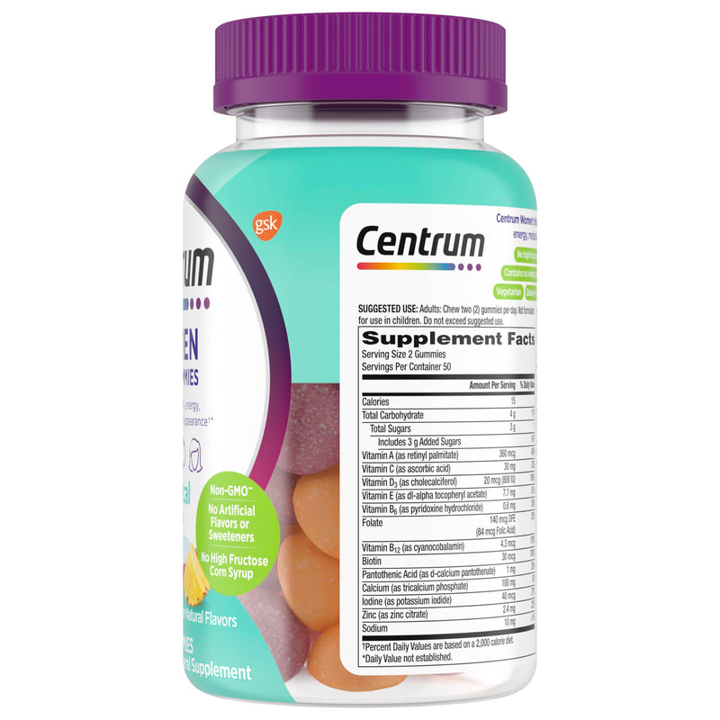 Centrum MultiGummies for Women 18 and Over, 100 Count | Contains Vitamin D3, B Vitamins and Antioxidant Vitamins C and E, Gluten Free, Non-GMO Ingredients, GLP-1 Support Fruit 100 Count (Pack of 1)