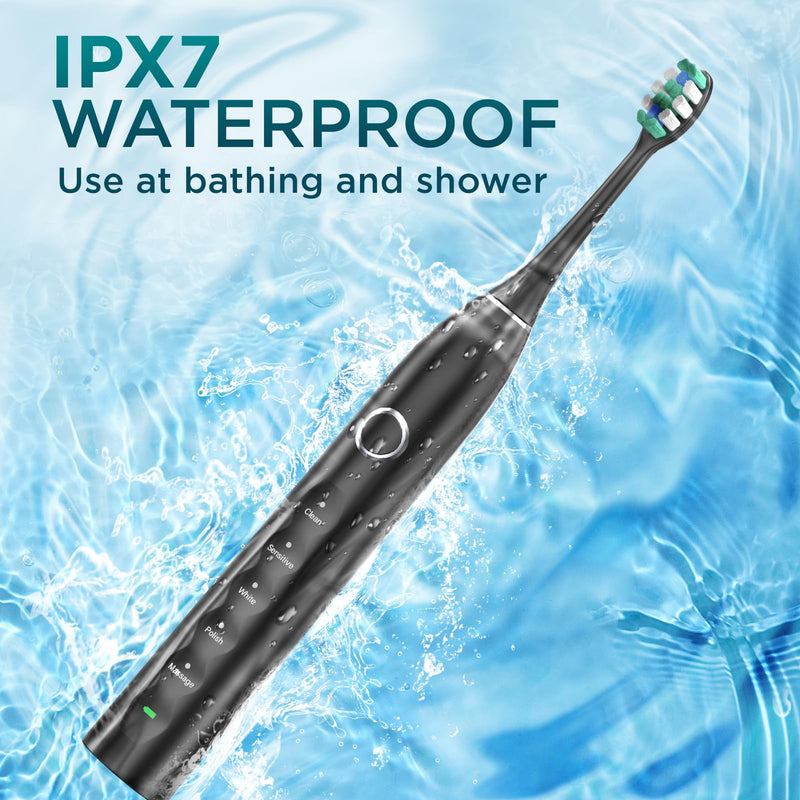 [Australia] - Electric Toothbrush for Adults with 8 Brush Heads, Sonic Toothbrush Rechargeable with a Holder & Travel Case, 2.5 Hours Charge for 120 Days Use Black 8 Count (Pack of 1) 
