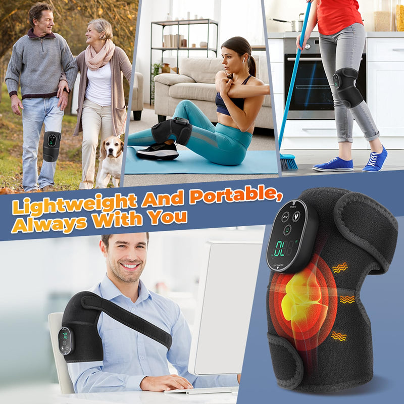 Cordless Knee Heating Pad for Pain Relief & Arthritis, Heated Knee Massager Brace Wrap 6 Heating Levels, 3 Vibration and Timing Modes, 3 in 1 Heating Pads for Shoulder Elbow Women Men Black