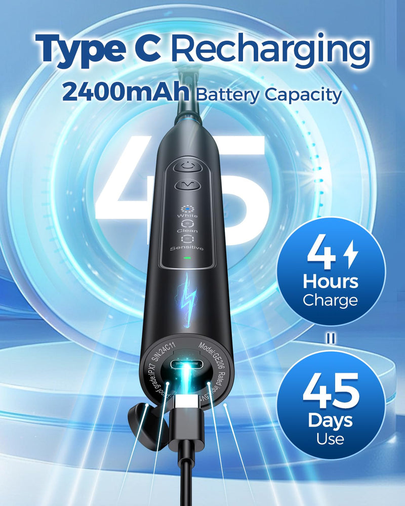 TEETHEORY Rotating Electric Toothbrush for Adults with 8 Brush Heads, Sensitive Gum Care Electric Toothbrush with 3 Modes and 2 Min Smart Timer, Rechargeable Last 60 Days Black 1 Count (Pack of 1)