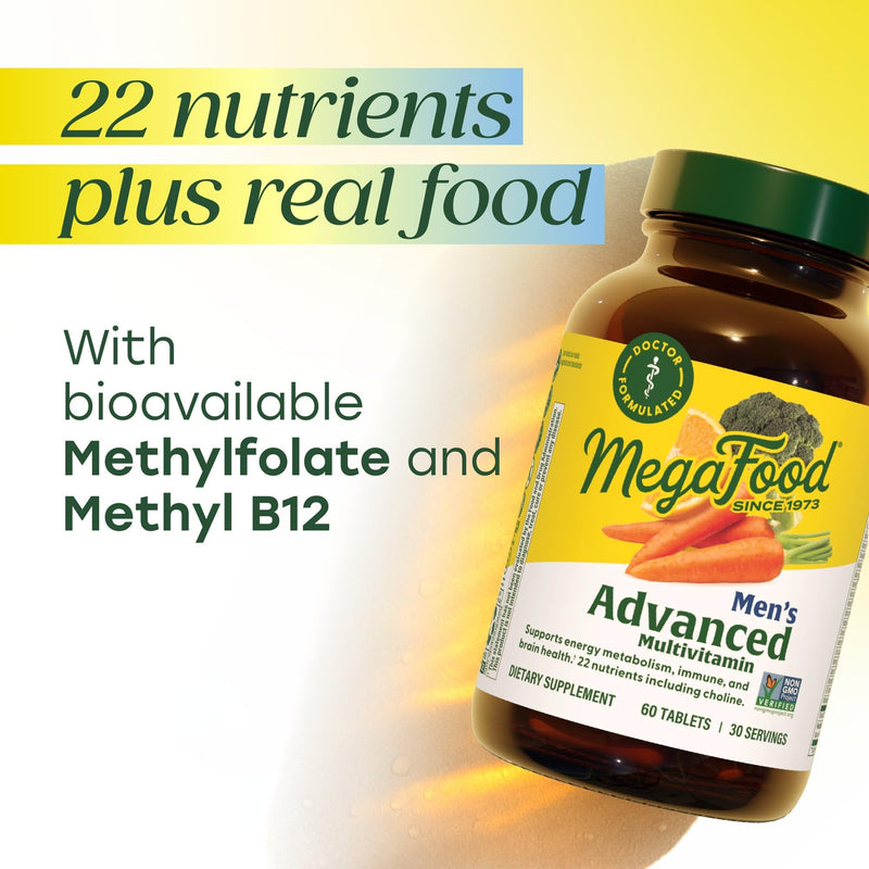 MegaFood Advanced Multivitamin for Men, Doctor Formulated, 60 Tablets | Immune Support, Cellular Energy, Heart & Brain Health, Choline, Methylfolate, Vitamin C, D3, Zinc, Vegetarian, 30 Servings 60 Count (Pack of 1)