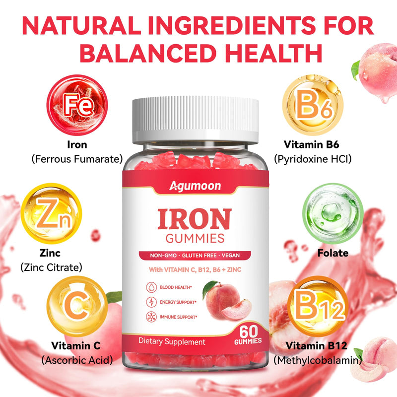 Iron Supplement Gummies for Women & Men - Iron Gummies with Folate Vitamin C B12 B6 Zinc - Health Blood & Energy Support & Immune Support for Adult, Peach Flavor, Vegan 60 Gummies
