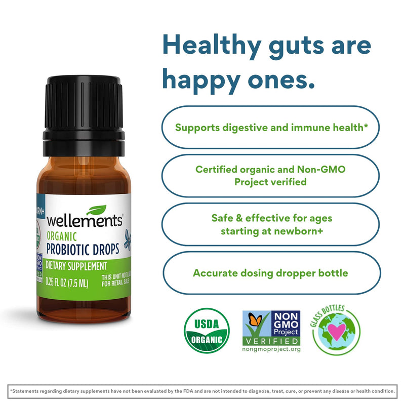 [Australia] - Wellements Organic Baby Probiotic Drops | Digestive and Immune Support for Infants and Toddlers | Essential Support for Baby Gut Health | USDA Organic | Preservative Free | 0.25 Fl Oz | Newborn+ 