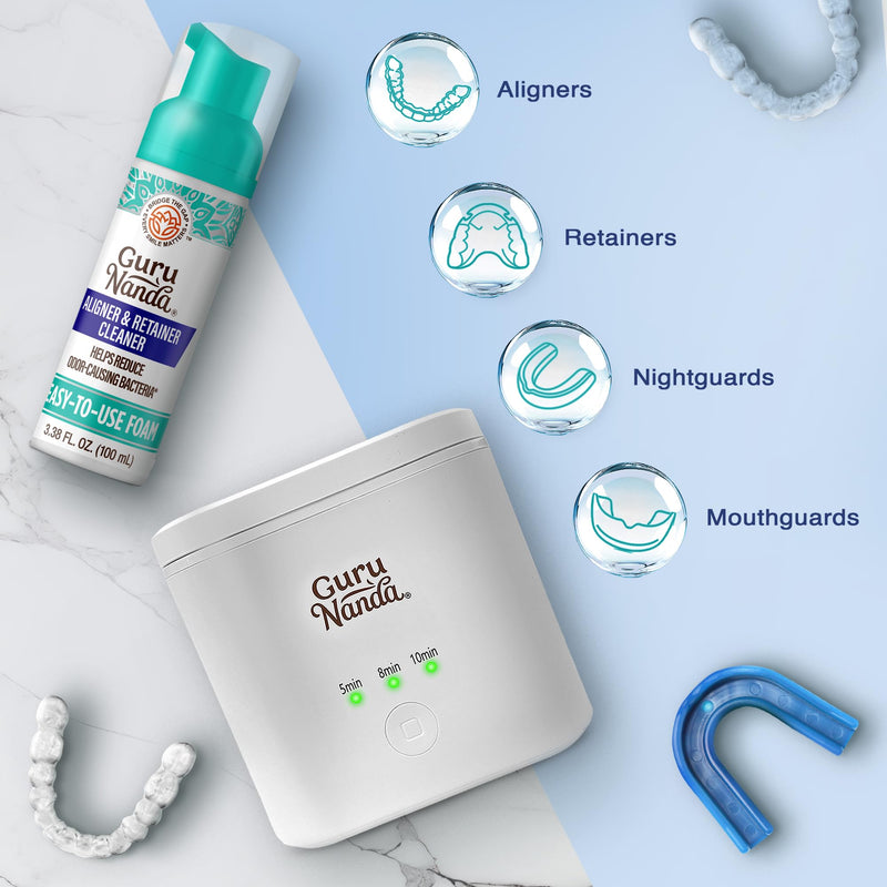 [Australia] - GuruNanda Retainer Cleaner Set – Ultrasonic & UV Cleaning Pod & Aligner Cleaning Foam, Deep Clean & Odor Neutralization for Retainers, Aligners, Dentures & Mouthguards 